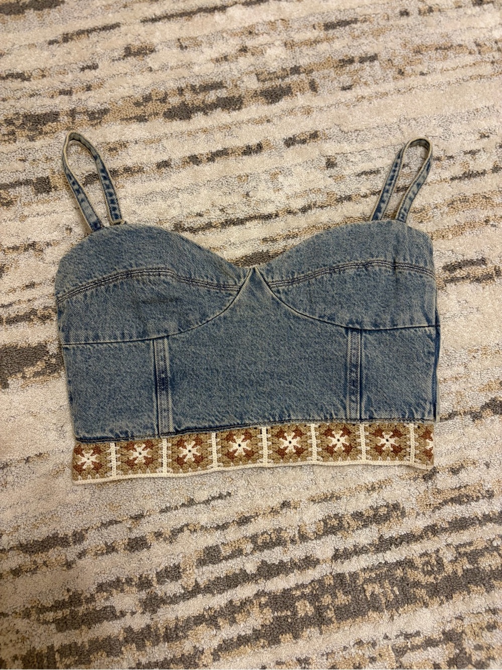 Zara | Denim Crop Bustier Top with Embroidered Hem size M